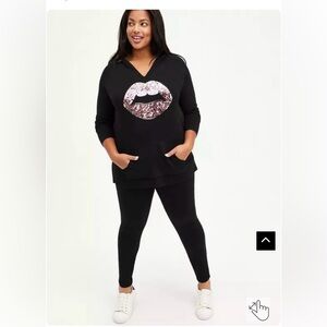 TORRID Black Hooded V-Neck Pink Sequin Lip Sweater Breast Cancer Awareness